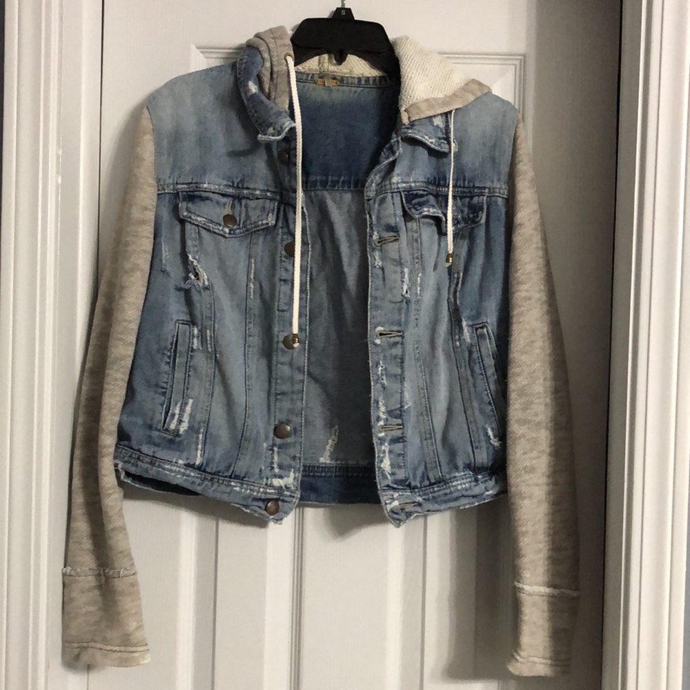 Free People Throwback Denim Knit Hoodie Distressed Jean Jacket Blue Size Medium